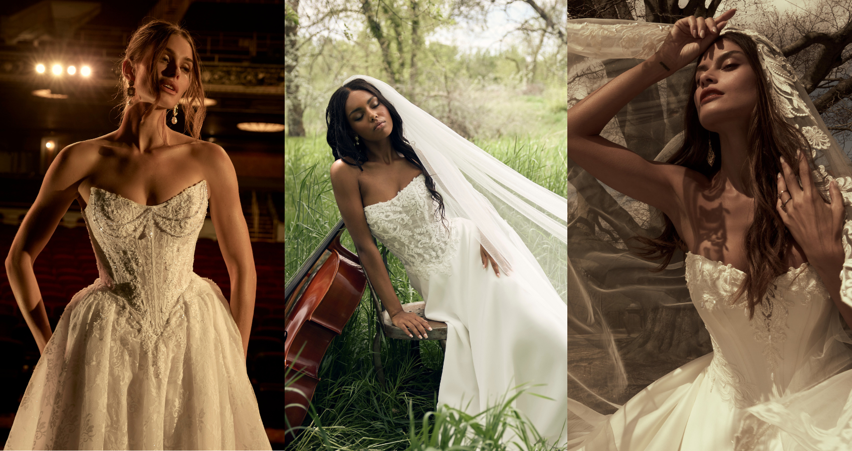 Header image collage of three brides in Maggie Sottero and Sottero and Midgley wedding gowns — the Ryland ballgown in a theater setting, the Hazel A-line dress with a flowing veil beside a cello in a grassy field, and the Sandrine ballgown with a lace veil among bare trees.