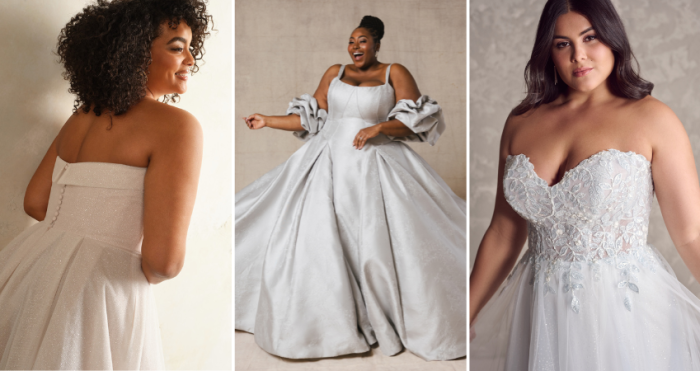 Three plus size brides wearing elegant Maggie Sottero wedding dresses