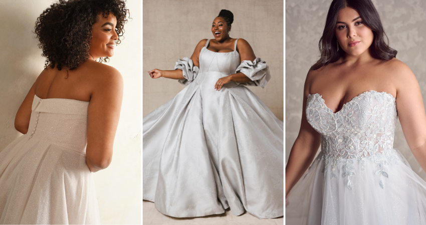 Three plus size brides wearing elegant Maggie Sottero wedding dresses