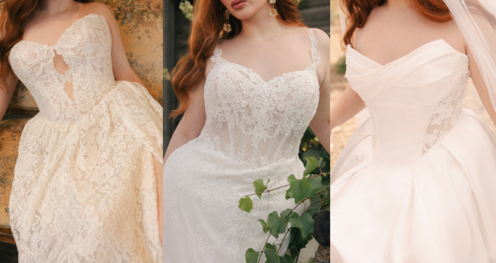 Collage of boho floral wedding dresses featuring romantic lace bodices, botanical-inspired appliqués, and soft A-line and ballgown silhouettes with corset detailing and modern bridal styling.