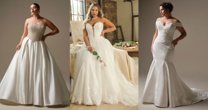 Three plus-size wedding gowns by Maggie Sottero: a strapless ball gown with beaded bodice and satin skirt, a sweetheart lace ball gown with dramatic train, and a fitted off-the-shoulder lace mermaid gown.