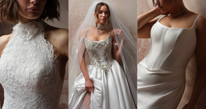 Anya by Maggie Sottero, Aelarion by Sottero and Midgley, and Pamela by Rebecca Ingram displayed side by side as part of a Fall 2026 bridal trends editorial.