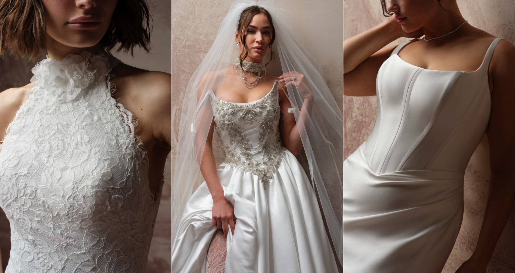 Anya by Maggie Sottero, Aelarion by Sottero and Midgley, and Pamela by Rebecca Ingram displayed side by side as part of a Fall 2026 bridal trends editorial.