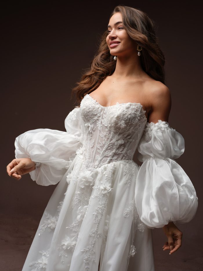 Maggie Sottero Fern A-line wedding dress with detachable oversized puff sleeves and 3D floral lace bodice