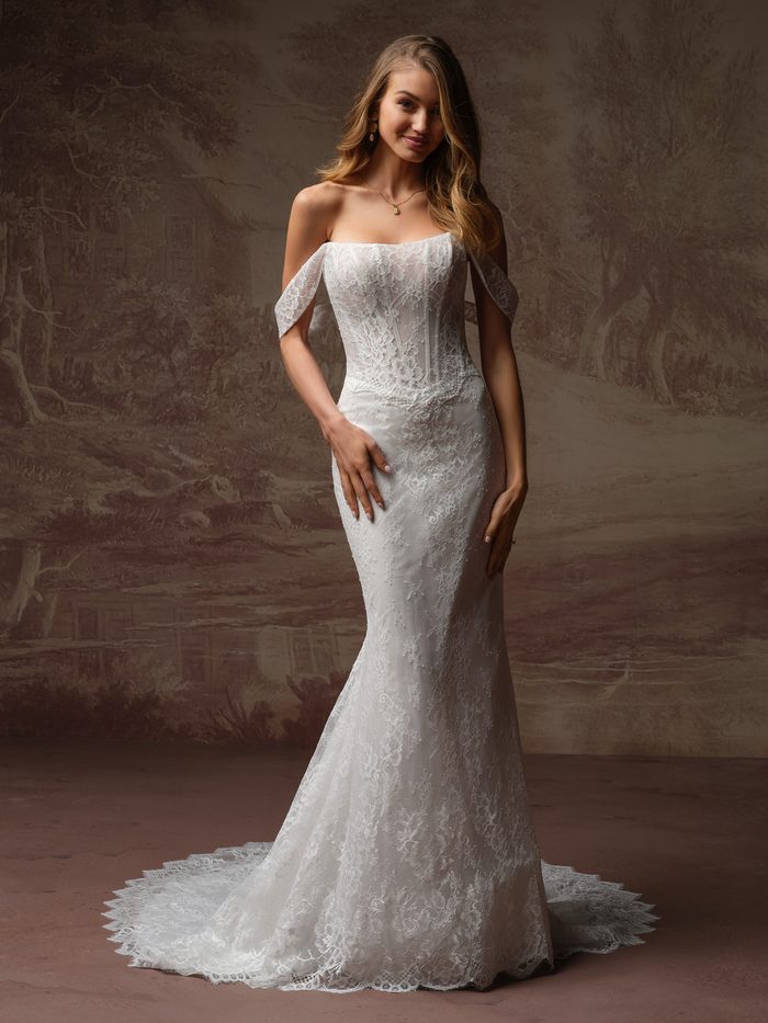 Samira boho lace fit-and-flare wedding dress with detachable off-the-shoulder sleeves, showcasing an illusion corset bodice, allover floral lace, and a fitted silhouette that flares into a delicate lace train.