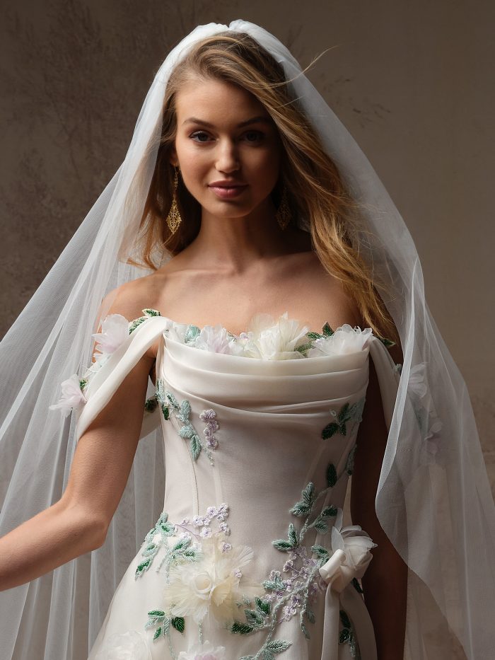 wedding dress with green leaves Lace Straps Square Neck Ball Gown Dress with 3D Flowers Green Leaves Wedding Dress AWD1958 main image 1