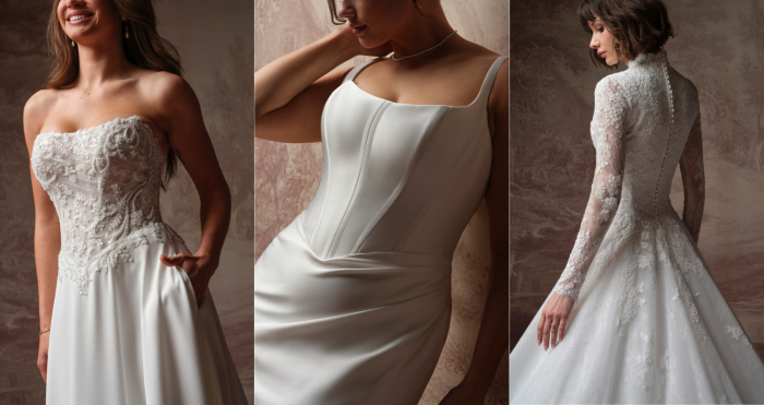 Header image showing three wedding dress details from left to right: the Hazel A-line dress with a strapless beaded lace bodice, the Pamela fit-and-flare dress with a squared-neckline satin corset bodice, and the Dominique ballgown dress with a high lace neckline, sheer long sleeves, and covered-button back.