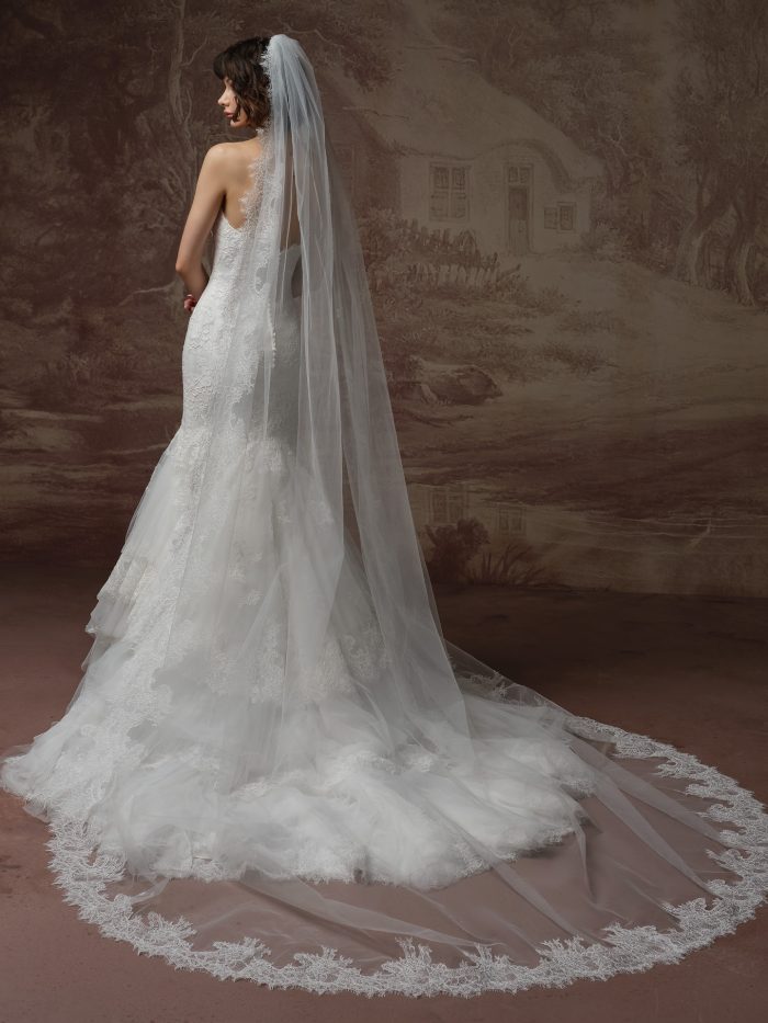 Back view of a bride wearing the Sauvignon cathedral-length veil, showing its sheer tulle sweep and scalloped lace edge cascading over a fitted lace mermaid gown.