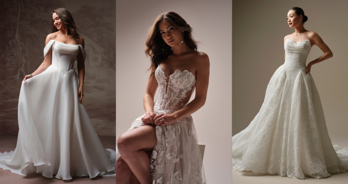 Three petite-friendly wedding gowns, including satin and lace A-line silhouettes, featured in a bridal style guide for petite brides