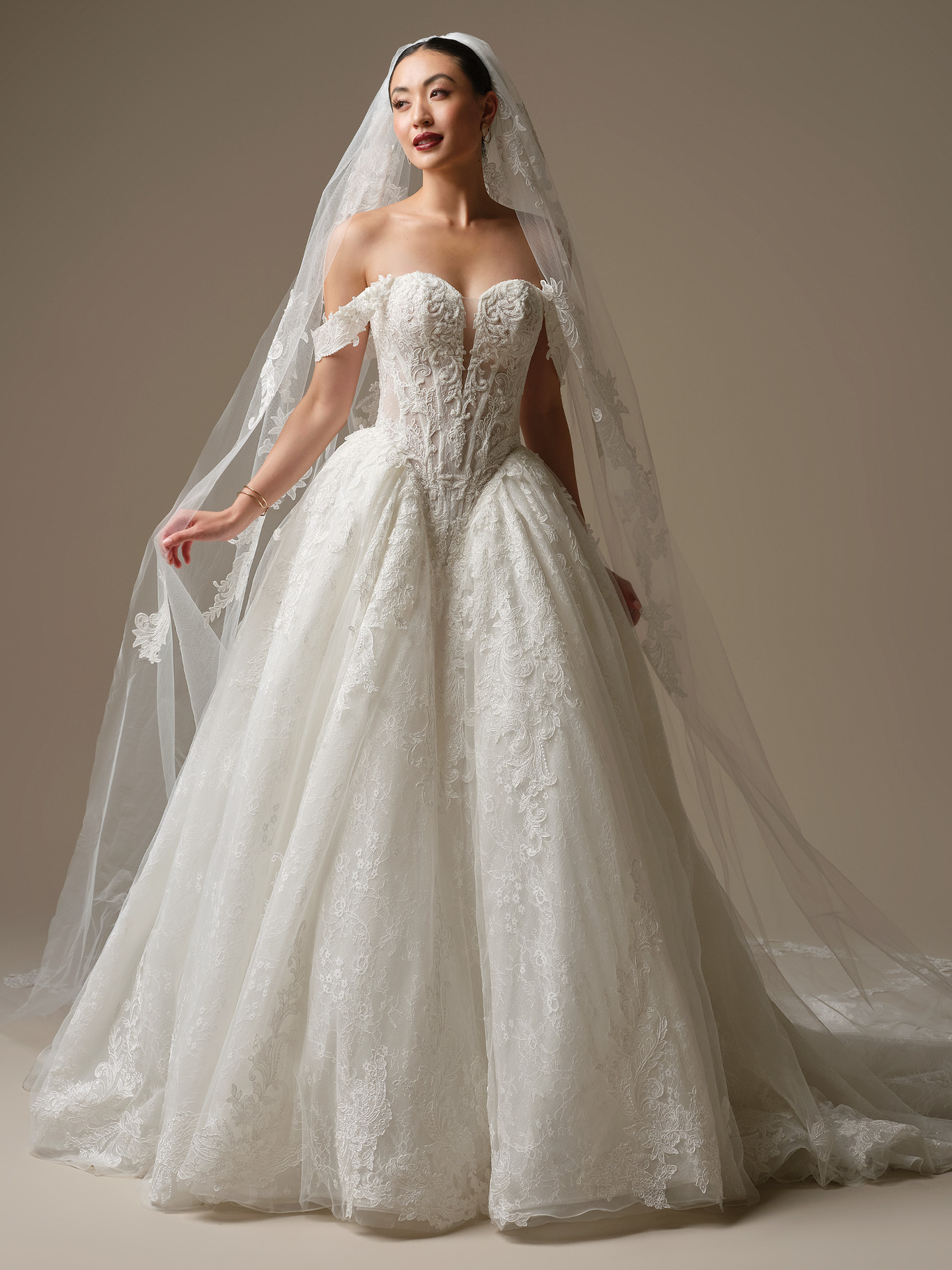 Sottero and Midgley Zulani ballgown wedding dress with strapless sweetheart neckline and corset bodice, featuring beaded lace over glitter tulle and a full, regal skirt for a black-tie bridal look