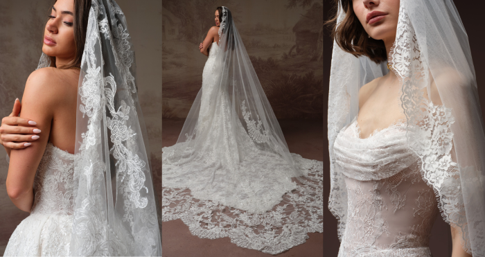 Three close-up images of brides wearing lace-trimmed veils paired with lace wedding gowns by Maggie Sottero, showcasing different veil lengths and styles.