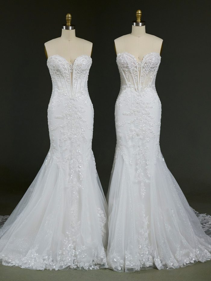 Two versions of the Benjie Royale by Maggie Sottero wedding gown displayed side by side on dress forms. Both feature a fitted mermaid silhouette, a plunging sweetheart neckline, exposed corset boning, and intricate lace appliqués with shimmering beadwork. The gown on the left showcases a more lined bodice for added coverage, while the gown on the right features a sheer corset bodice that highlights the structural boning and lace detailing. Flowing tulle skirts and lace-trimmed hems complete both designs.