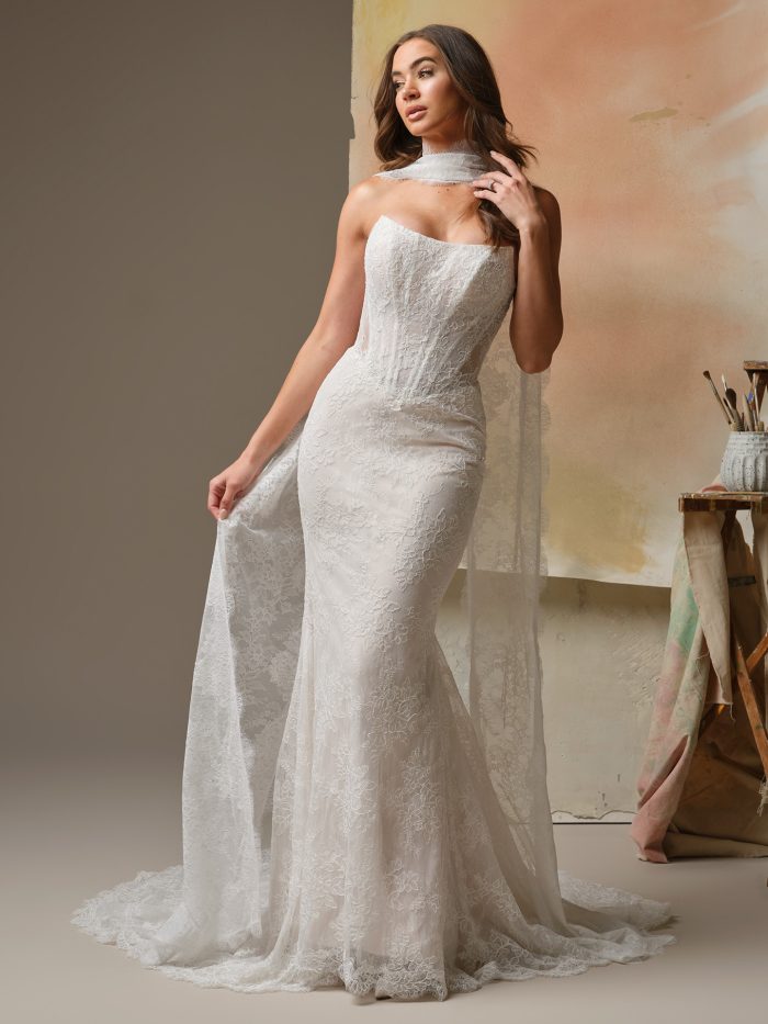 Maggie Sottero Ariadne lace sheath wedding dress with strapless sweetheart neckline and fitted silhouette