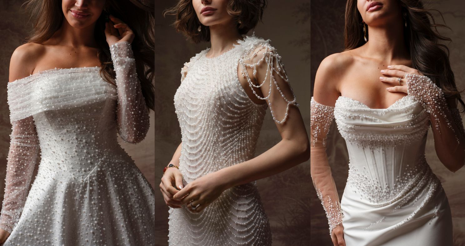 Three pearl-embellished Maggie Sottero bridal gowns. From left: Elowyn—off-the-shoulder ball gown with sheer pearl sleeves; Oleta—fitted dress with draped pearl strands on the shoulders; Melissa Royale—corset-style gown with pearl gloves and soft draping.