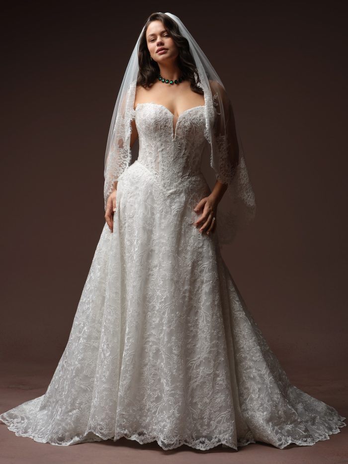 Amante by Maggie Sottero veil from the Essentials Edit, featuring a soft fingertip-length tulle veil with delicate lace trim along the edge, shown from the back over a lace wedding gown.