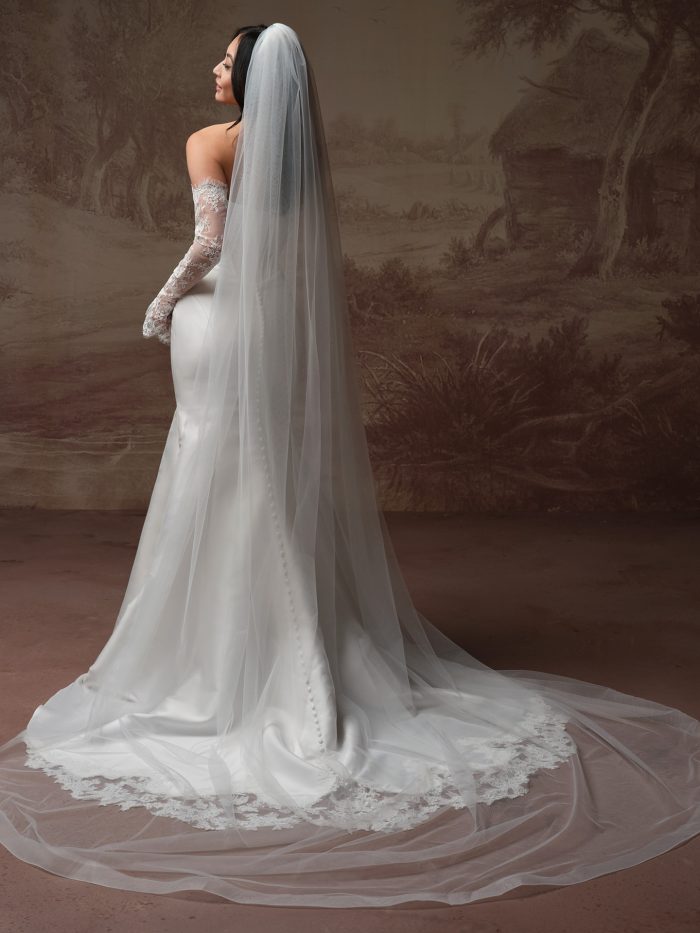 Bellissima by Maggie Sottero veil from the Essentials Edit, featuring a cathedral-length tulle design with delicate lace trim along the edge, styled over a fitted gown with button-back detail.