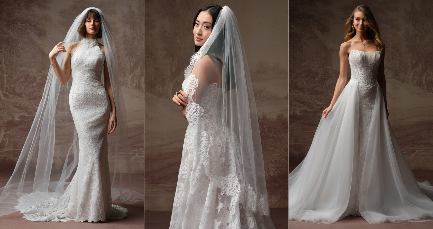 Essentials Edit accessories collection by Maggie Sottero, featuring Corazon cathedral-length tulle veil, Minuet lace-trim fingertip veil, and Milos soft tulle overskirt styled over lace wedding gowns.