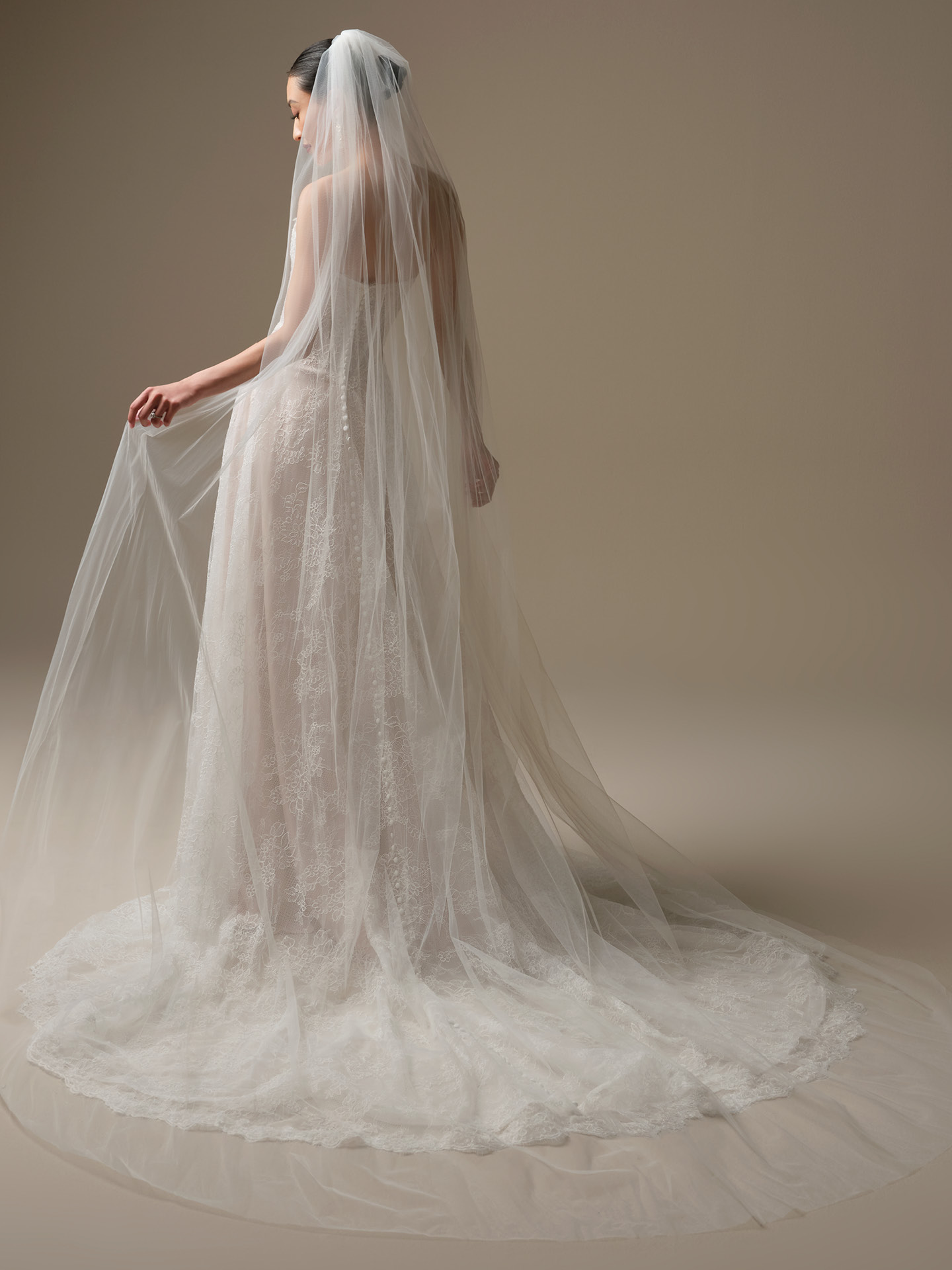 Bride wearing a plain tulle cathedral veil from the Maggie Sottero Essentials Edit, featuring a soft sheer finish and flowing train layered over a lace wedding gown.