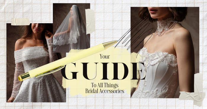 Blog header image for 'Your Guide to All Things Bridal Accessories' featuring a collage of three Maggie Sottero bridal looks on a cream grid background: the Elowyn gown, a pearl-embellished off-shoulder ballgown with sheer long sleeves, shown on a smiling bride; the Esmerelda Lane veil, a dramatic cathedral-length lace-trimmed veil worn by a bride in profile; and the Seattle gown, a strapless beaded corset with ruffled neckline detail and pearl embellishments, shown in a close-up crop. A yellow pen with gold accents is layered over the collage alongside the article title in bold serif typography.
