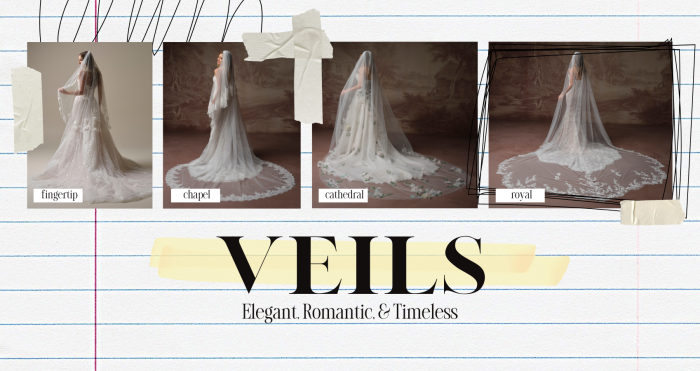 Blog section image titled 'Veils: Elegant, Romantic, & Timeless' from Maggie Sottero, featuring four side-by-side photos of brides seen from behind, each showcasing a different veil length. From left to right: a fingertip veil with a sparkle-trimmed edge on a bride in a glittery ballgown; a chapel-length veil with ornate lace border on a bride in a strapless gown; a cathedral-length veil with floral lace trim on a bride in a flowy gown; and a royal-length veil with matching floral lace detailing, the longest of the four. Images are arranged in a collage style on a lined notebook paper background with hand-drawn doodle accents and torn tape details.