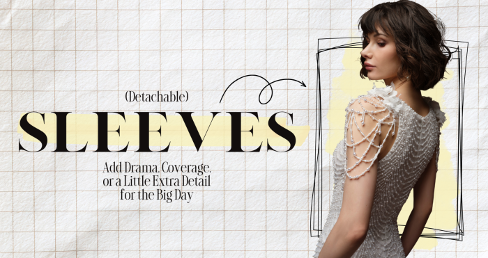 Blog section image titled '(Detachable) Sleeves: Add Drama, Coverage, or a Little Extra Detail for the Big Day' from Maggie Sottero, featuring a side profile of a bride wearing the Oleta gown by Sottero and Midgley. The heavily beaded, pearl-encrusted sleeveless gown is styled with a detachable draped pearl shoulder accessory that cascades across the back and shoulder in layered strands, topped with a delicate floral detail at the neckline. The bride has short dark wavy hair and is posed looking downward against a cream grid background with hand-drawn frame accents and yellow brushstroke highlights.