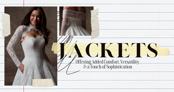 Blog section image titled 'Jackets: Offering Added Comfort, Versatility, & a Touch of Sophistication' from Maggie Sottero, featuring two photos in a collage layout on a lined notebook paper background. On the left, a smiling bride wears the Serena gown by Maggie Sottero, a lace A-line dress paired with a matching long-sleeve lace bolero jacket with a high neckline and open front. On the upper right, a close-up detail shot showcases the Elowyn gown by Maggie Sottero, highlighting the pearl-embellished sheer long sleeves and heavily beaded bodice. Images are styled with torn tape accents and hand-drawn doodle details.