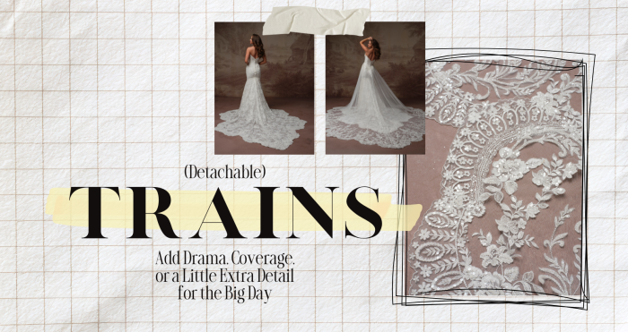 Blog section image titled '(Detachable) Trains: Add Drama, Coverage, or a Little Extra Detail for the Big Day' from Maggie Sottero, featuring the Eirawen gown by Sottero and Midgley shown in two side-by-side back-view photos. The left photo shows the bride wearing the fitted lace mermaid gown with its own ornate lace train, while the right photo shows the same gown with a dramatic detachable tulle overskirt train added for a more voluminous, sweeping silhouette. A close-up flat-lay detail of the intricate floral and leaf lace appliqué is displayed on the right side of the image. The collage is styled on a cream grid background with torn tape and hand-drawn frame accents.