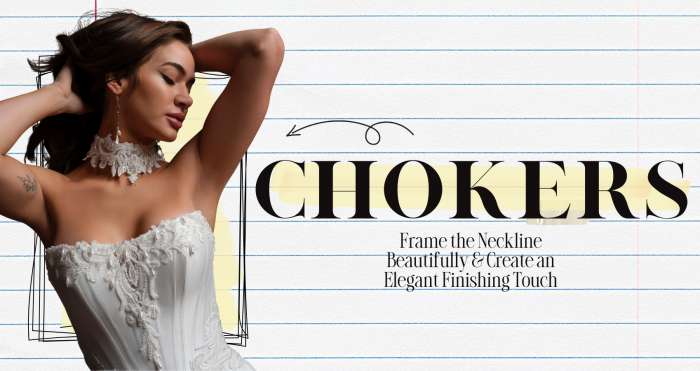 Alt text:
"Blog section image titled 'Chokers: Frame the Neckline Beautifully & Create an Elegant Finishing Touch' from Maggie Sottero, featuring a bride wearing the Sandrine gown by Sottero and Midgley. The bride is posed dynamically with both arms raised, fingers running through her dark hair, and eyes cast downward. She wears a strapless corset-style gown with intricate floral lace appliqué detailing on the bodice, paired with an ornate lace choker necklace and dangling crystal earrings. A hand-drawn arrow points toward the choker accessory. The image is styled on a lined notebook paper background with hand-drawn frame accents and yellow brushstroke highlights.