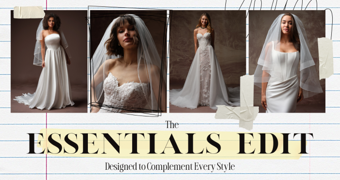 Blog section image titled 'The Essentials Edit: Designed to Complement Every Style' from Maggie Sottero, featuring four bridal looks in a side-by-side collage on a lined notebook paper background. From left to right: a bride with natural curly hair wearing a minimalist strapless satin A-line gown with a simple fingertip veil; a close-up portrait of a bride with a short bob wearing a floral 3D lace sweetheart bodice paired with a pearl-edged cathedral veil; a smiling bride in a fitted floral lace corset gown with a dramatic detachable tulle overskirt and a green gemstone necklace; and a bride in a sleek strapless crepe column gown styled with a two-tier elbow-length veil. All gowns and accessories are by Maggie Sottero. The collage is styled with torn tape details, hand-drawn frame and doodle accents, and yellow brushstroke highlights.