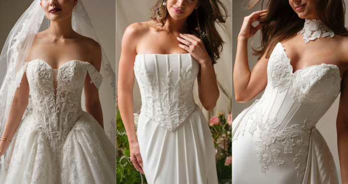 Three-panel image showing close-up views of white wedding gowns with basque waist bodices, featuring lace appliqué, corset-style seams, and sweetheart necklines; one panel includes a sheer veil, and another shows floral detailing against a softly lit studio backdrop.
