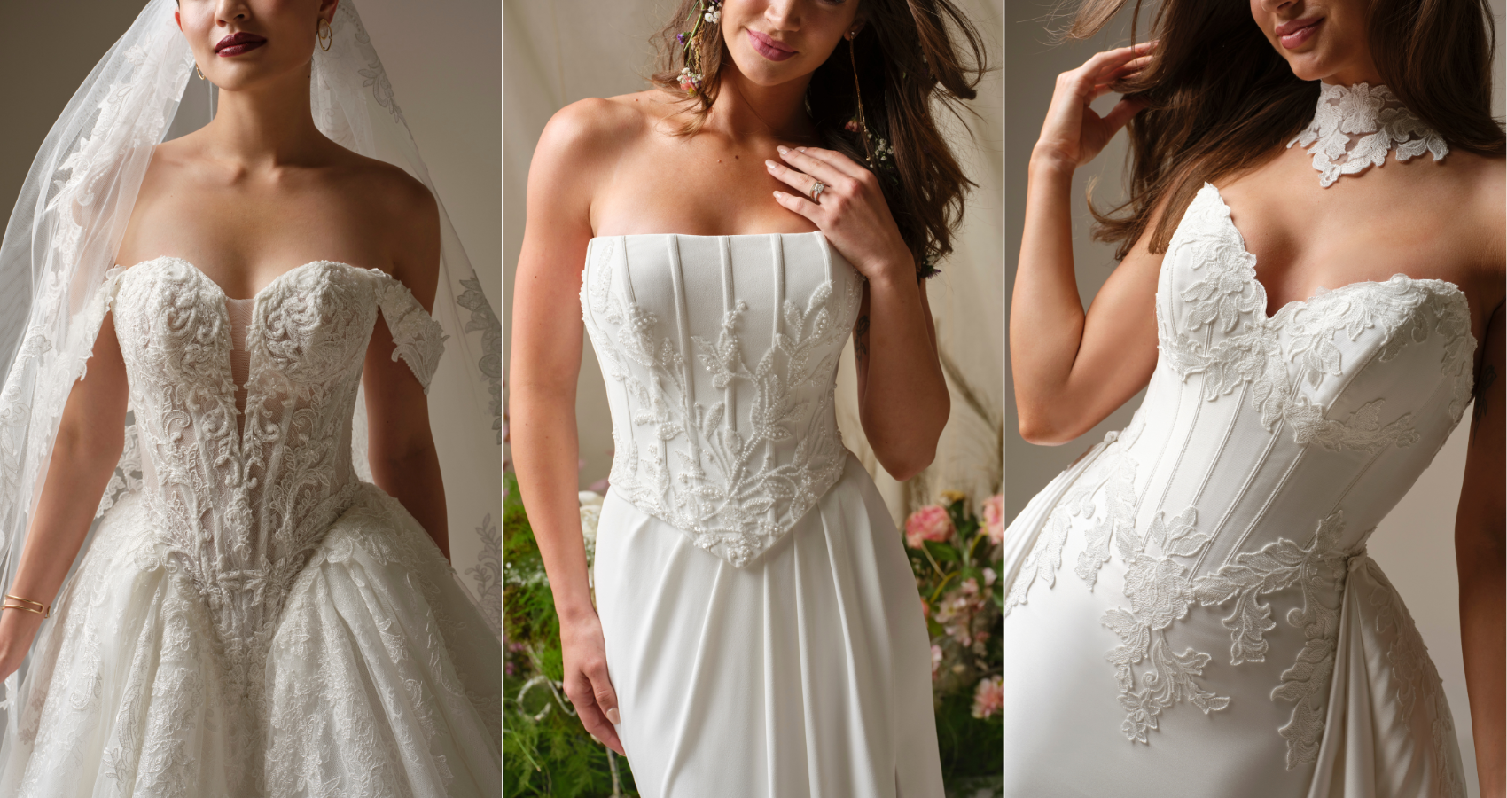 Three-panel image showing close-up views of white wedding gowns with basque waist bodices, featuring lace appliqué, corset-style seams, and sweetheart necklines; one panel includes a sheer veil, and another shows floral detailing against a softly lit studio backdrop.
