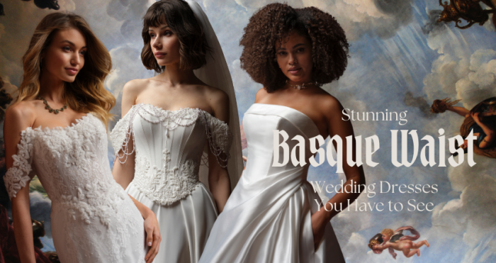 Three brides wearing basque waist wedding dresses with off-the-shoulder necklines — lace, beaded satin, and draped satin styles — against a painted mural backdrop, with text reading "Stunning Basque Waist Wedding Dresses You Have to See."
