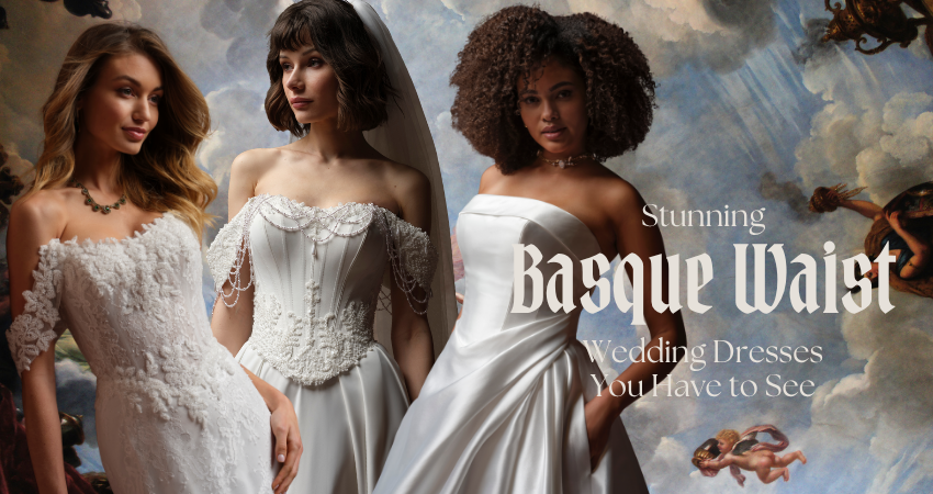 Three brides wearing basque waist wedding dresses with off-the-shoulder necklines — lace, beaded satin, and draped satin styles — against a painted mural backdrop, with text reading "Stunning Basque Waist Wedding Dresses You Have to See."