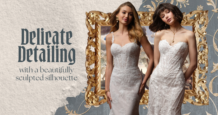 Two brides in beaded lace sheath wedding dresses with sweetheart necklines, framed by an ornate gold mirror, with text reading "Delicate Detailing with a beautifully sculpted silhouette."