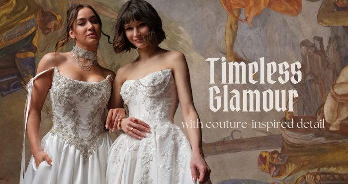 Two brides in beaded basque waist wedding dresses — one off-the-shoulder ballgown, one strapless A-line — with text reading "Timeless Glamour with couture-inspired detail."