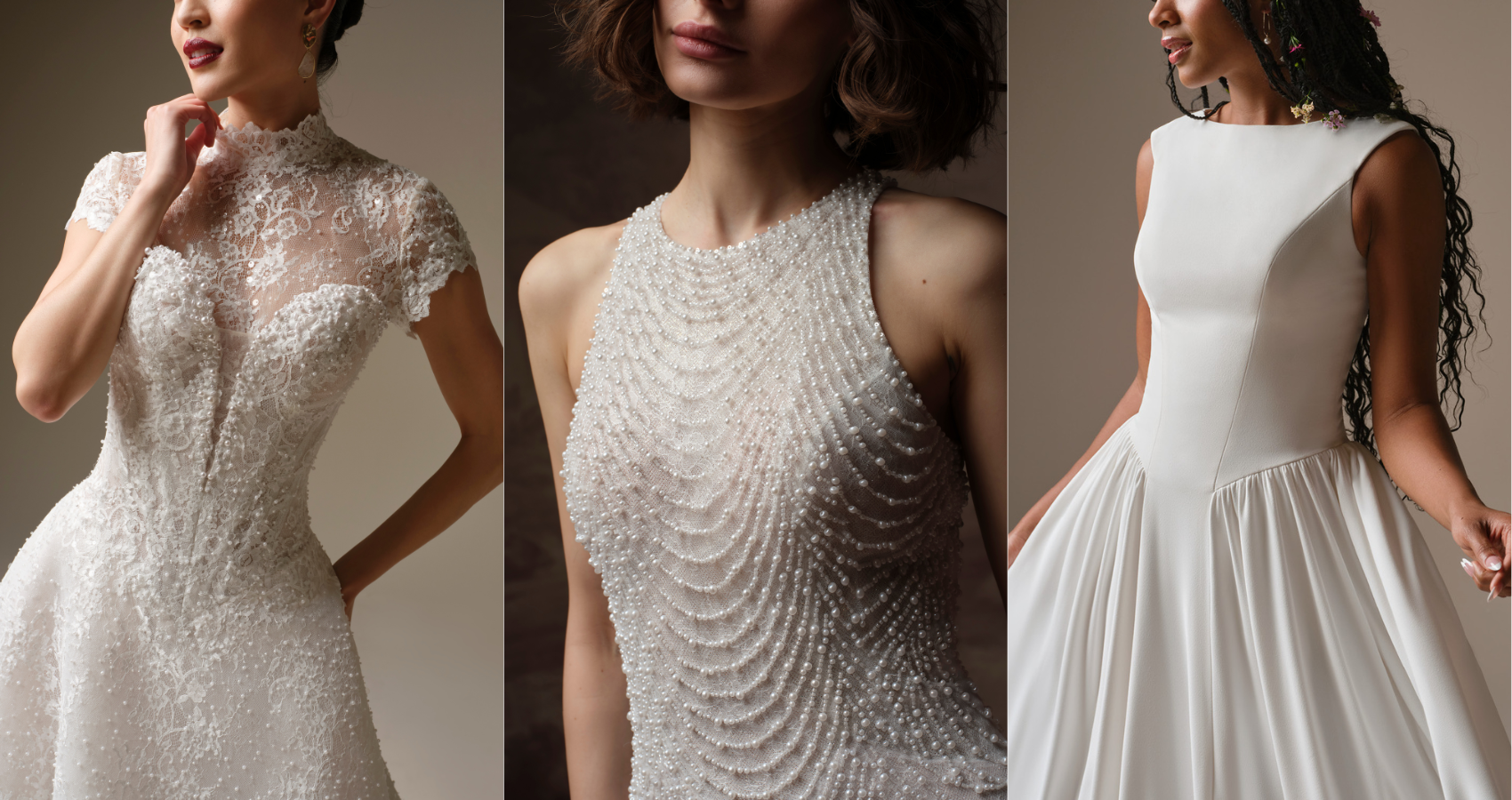 Three bridal gowns shown side by side. On the left, Angelia by Sottero and Midgley features a fitted silhouette with intricate lace detailing and a high illusion neckline with short lace sleeves. In the center, Oleta by Sottero and Midgley showcases a sleeveless, high-neck bodice adorned with layered pearl beading and soft draping. On the right, Shay by Rebecca Ingram presents a minimalist design with a smooth, high-neck sleeveless bodice and a flowy skirt.