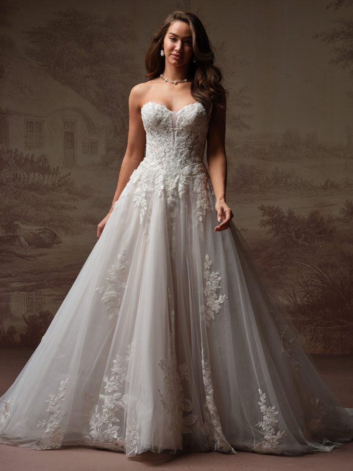 basque waist wedding dress A-Line Princess Ivory Satin Boning Made to Order 4XL Vittoria by Grace Loves Lace wearing size 4 Pleated Brocade Ball Gown with