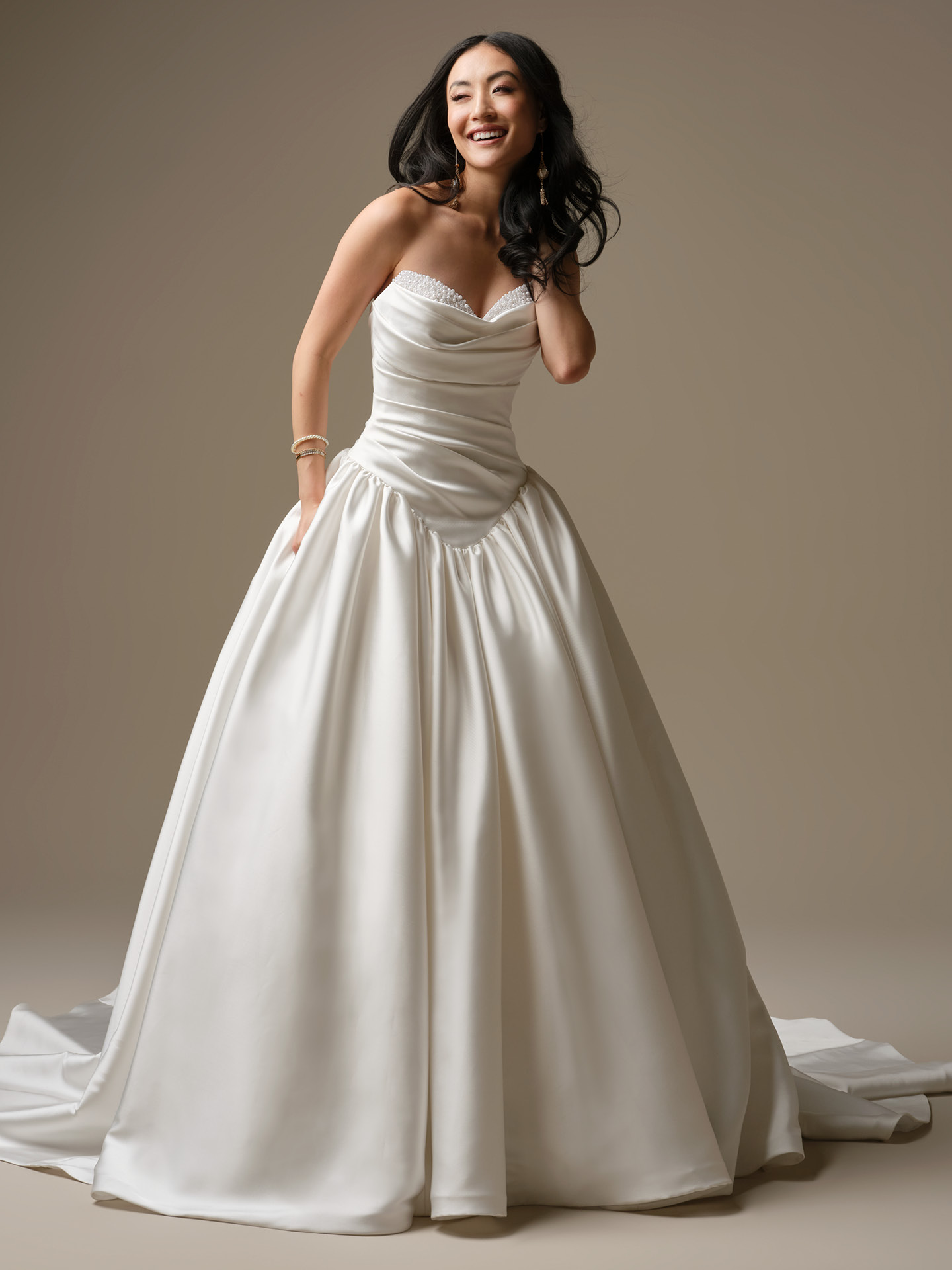 Pasadena ball gown wedding dress with strapless draped bodice, dropped waist, and full satin skirt