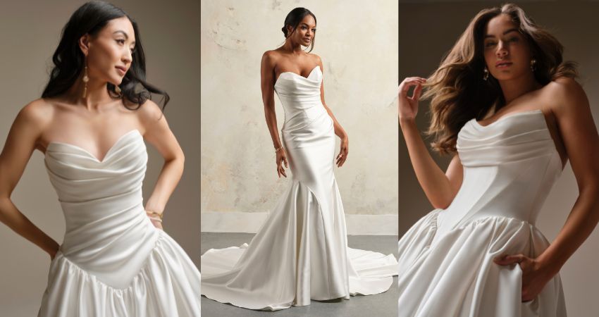 Maggie Sottero goddess wedding dresses: Pasadena satin ballgown, Giselle fit-and-flare, and Hudson ballgown, all featuring draped satin bodices and flowing silhouettes