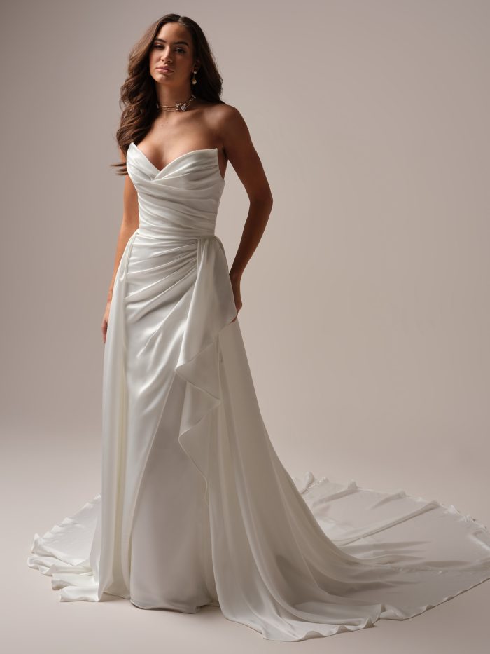 Sottero and Midgley Rhianna satin wedding dress with detachable overskirt and cathedral length train
