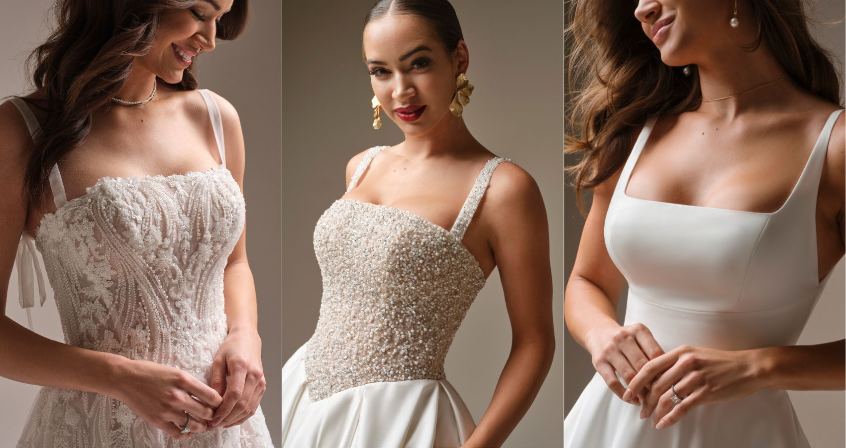 Three close-up studio images showing square-neck wedding dresses with wide straps, featuring lace, beaded, and smooth satin bodices against a neutral background.