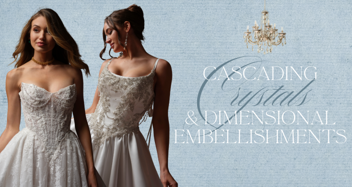 Two bridal looks featuring the Ryland gown by Maggie Sottero and the Aelarion gown by Sottero and Midgley, both showcasing intricate beading and dimensional embellishments—one with a structured strapless lace bodice and full skirt, the other with delicate straps, draped crystal beading, and a flowing silhouette—set against a soft blue backdrop with a crystal chandelier. Overlay text reads: “Cascading Crystals & Dimensional Embellishments.”