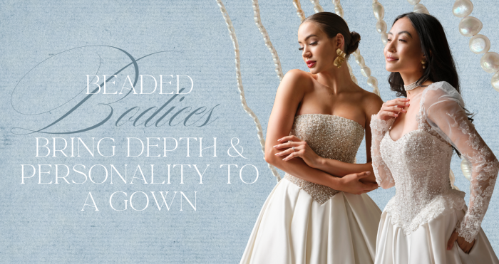 Two bridal looks featuring the Dmara gown by Sottero and Midgley and the London gown by Maggie Sottero, both highlighting intricate pearl beading and textured embellishments—one with a strapless, fully beaded bodice and voluminous satin skirt, the other with a sweetheart bodice, sheer long sleeves, and ornate beaded detailing over a flowing silhouette—set against a soft blue backdrop with cascading pearl strands. Overlay text reads: “Beaded details bring depth & personality to a gown.”