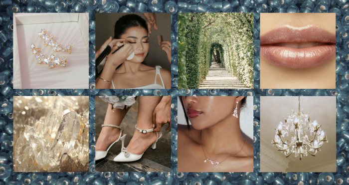 A curated collage on a blue beaded background featuring close-up bridal and styling details: crystal drop earrings displayed in a box, a makeup application moment, a sunlit floral archway, glossy neutral lips, raw crystal formations, pointed white bridal heels with jeweled accents, a delicate necklace and earrings set, and an ornate crystal chandelier—evoking texture, shimmer, and intricate embellishment.