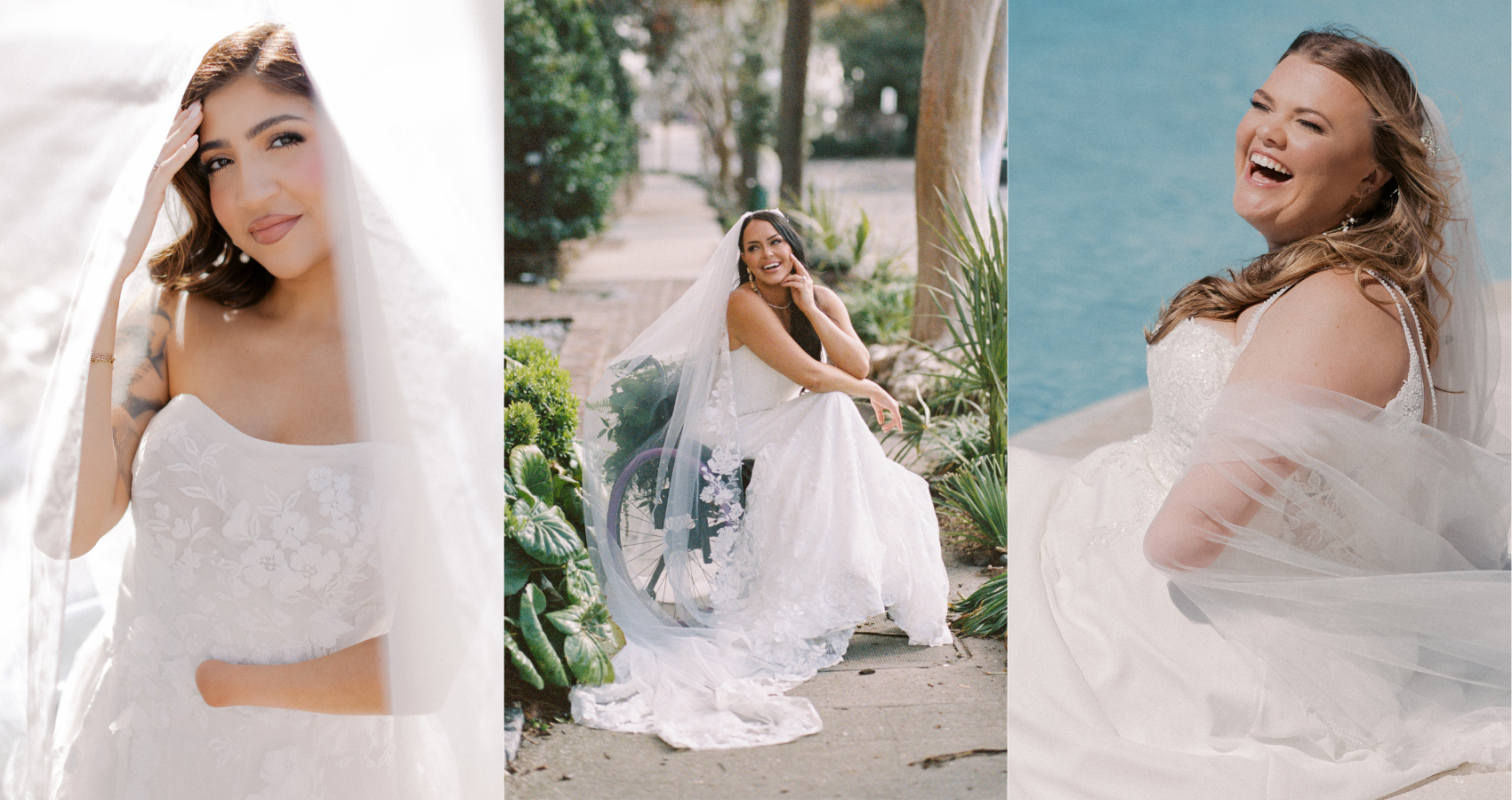 Three side-by-side bridal portraits featuring Maggie Sottero gowns. From left to right: Laila by Maggie Sottero—a strapless floral appliqué gown with a sheer veil framing the face; Meredith by Maggie Sottero—a romantic A-line gown with lace detailing, shown seated outdoors with a long veil; Avery by Rebecca Ingram—a soft, off-the-shoulder tulle gown with a flowing wrap and textured bodice, photographed by the water.