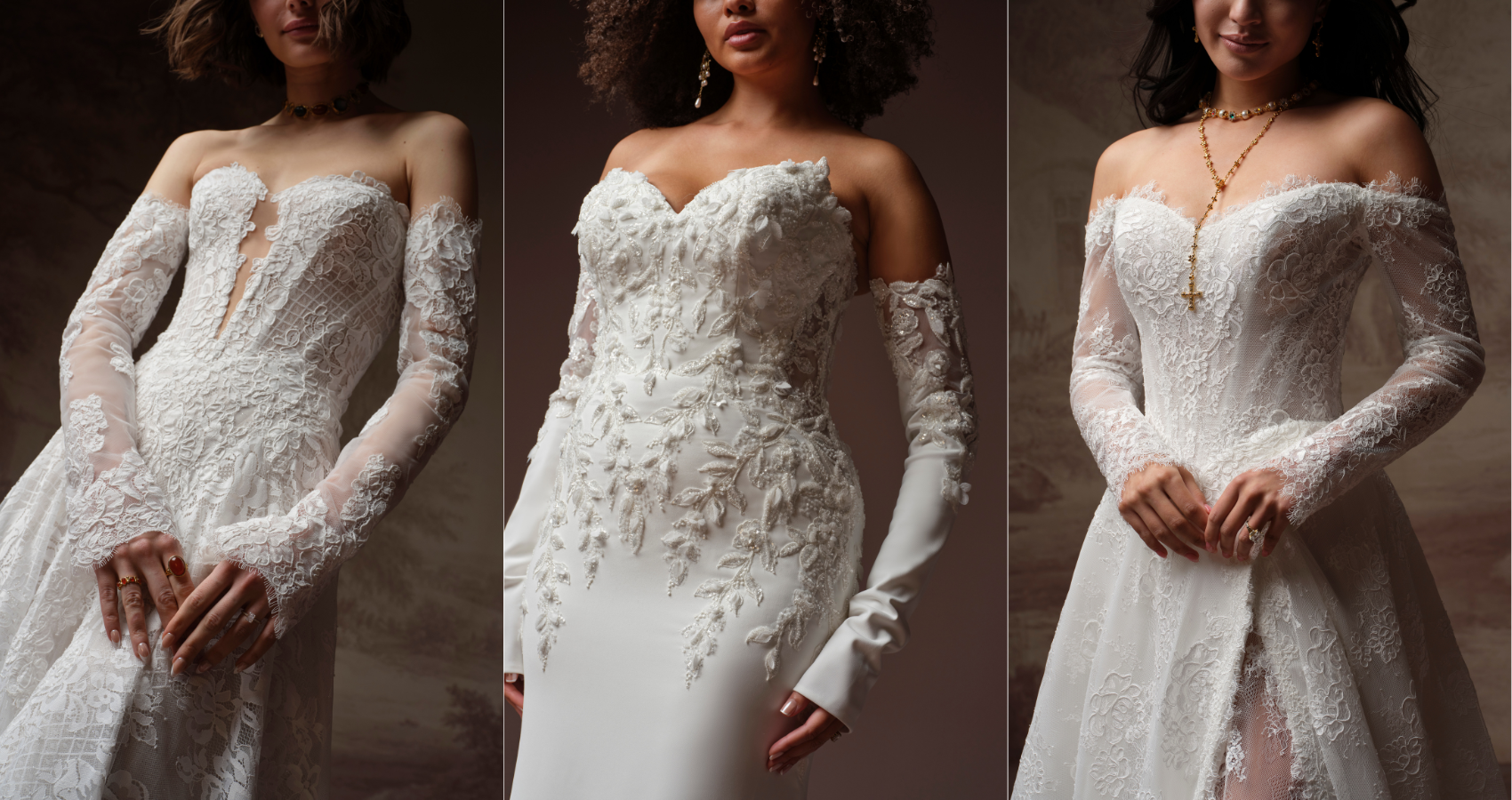 A triptych showcasing three long-sleeve wedding dresses: the Sottero and Midgley Keeva with detachable sheer lace off-the-shoulder sleeves and a scalloped cuff; the Blair featuring off-the-shoulder sleeves with dramatic 3D floral and leaf appliqué on a sleek fitted bodice; and the Sottero and Midgley Vespera with detachable sheer lace off-the-shoulder sleeves and eyelash lace cuffs framing a lace A-line skirt.