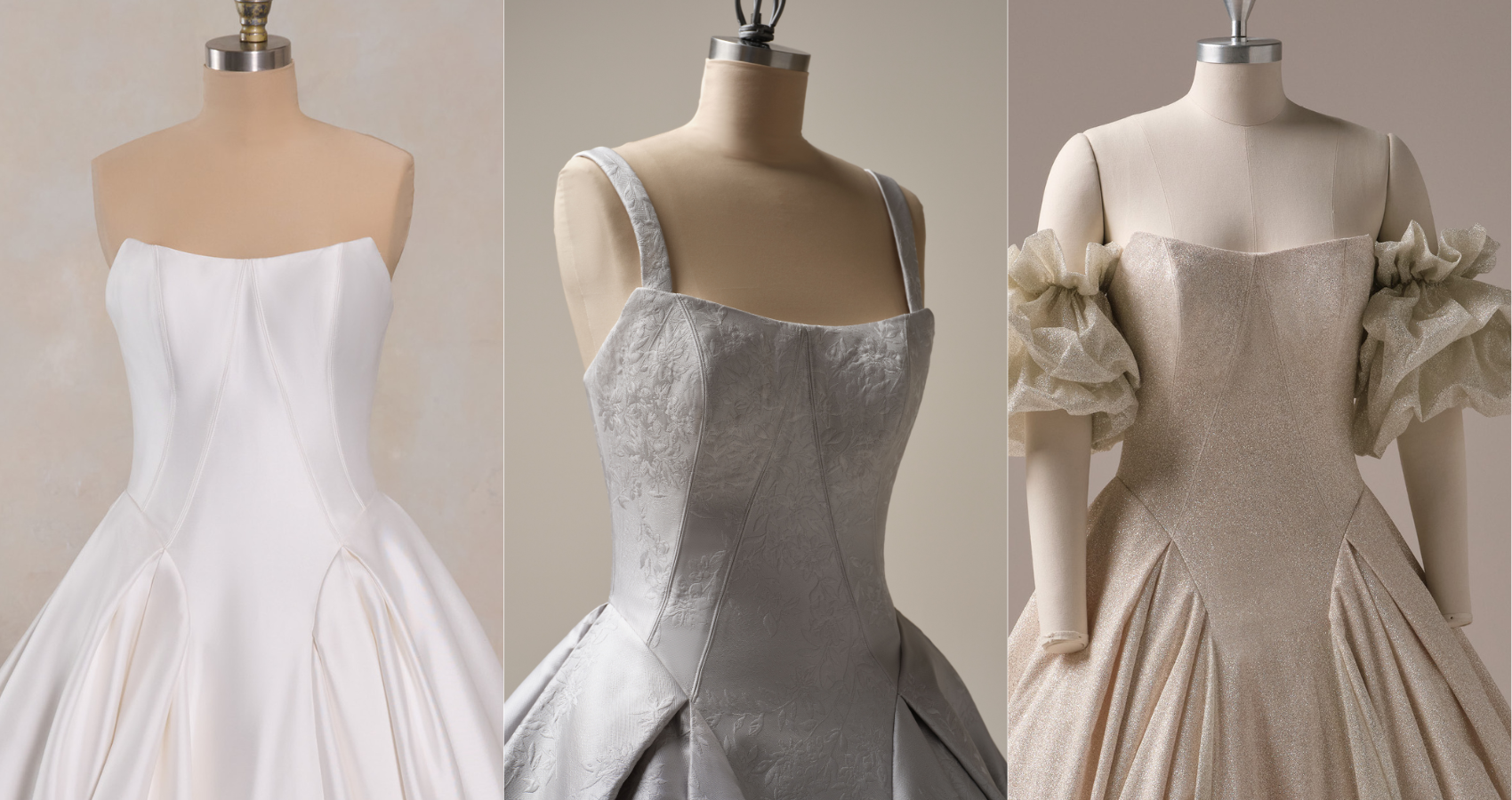 Three bridal bodice details side by side: Fortune by Maggie Sottero in ivory satin with a structured strapless sweetheart neckline; Fortune Royale by Maggie Sottero in silver-grey floral jacquard with square neckline and thin straps; Fortune Marie by Maggie Sottero in champagne shimmer fabric with dramatic off-the-shoulder ruffle sleeves.