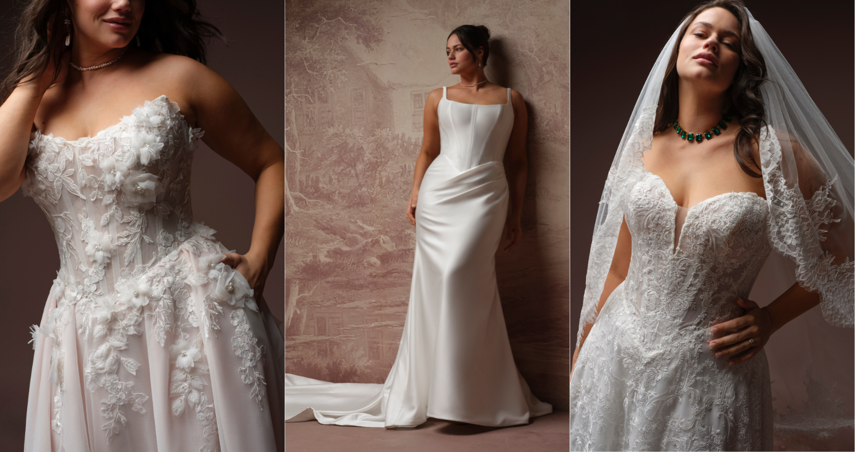 Banner featuring three curve-fit wedding dresses — close-up of the Fleur ballgown's 3D floral lace bodice, the Pamela fit-and-flare in draped satin, and the Zahia ballgown with plunging lace bodice and cathedral veil.
