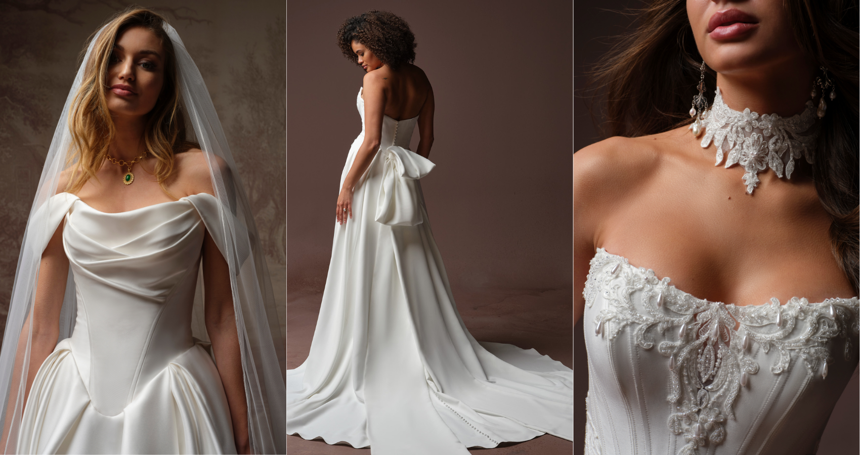 A bride wears the Fiorita gown by Maggie Sottero with an off-the-shoulder draped cowl neckline and veil; the Melissa gown by Maggie Sottero, a satin fit-and-flare dress with a corset back and detachable bow, shown from behind; and a close-up of the Sandrine gown by Sottero and Midgley, featuring a beaded lace bodice with a detachable lace choker.