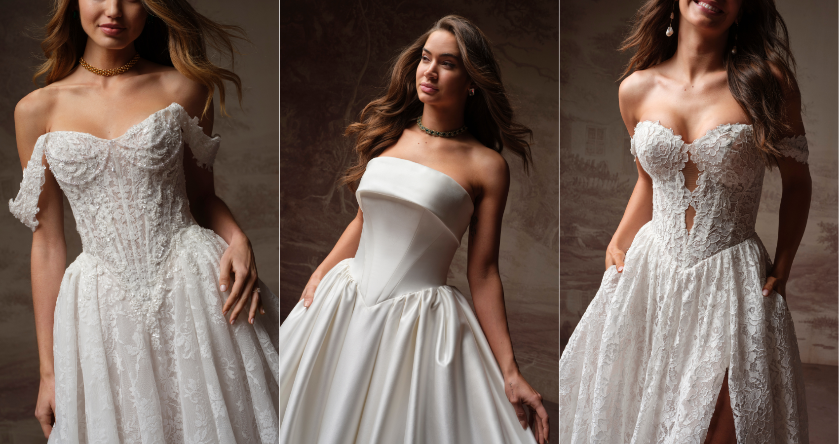 A blog header image showcasing three ivory wedding dresses: the Maggie Sottero Ryland ballgown with off-the-shoulder beaded lace corset bodice (left), the Maggie Sottero Rane satin ballgown with structured strapless bodice and voluminous skirt (center), and the Rebecca Ingram Narelle A-line with off-the-shoulder lace corset bodice and thigh-high slit (right).